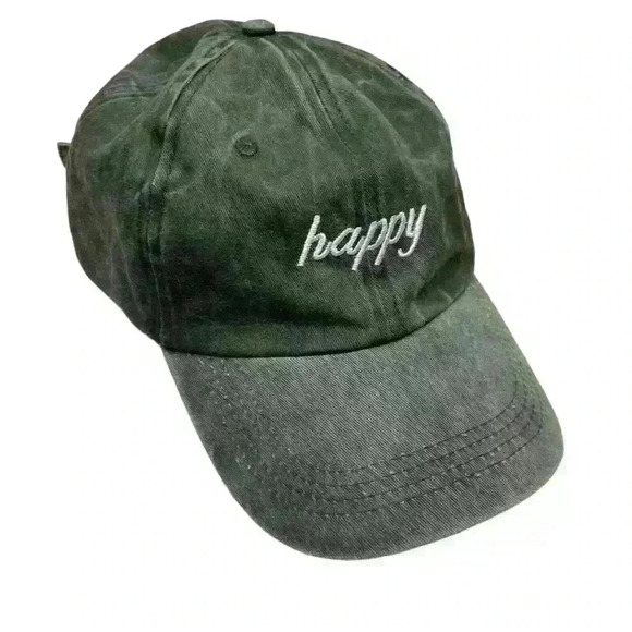 "Happy" Olive Green Camp Baseball Cap. Embroidered Casual Outdoor Adjustable - Picture 4 of 8